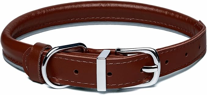 OOPSDOGGY Rolled Leather Dog Collar Reflective Roll Collars for Small Medium Large Dogs Puppy (Cognac, M, 12''- 15'')