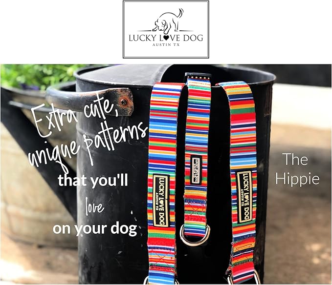 Lucky Love Dog Wide Dog Collar - Adjustable, Durable, Soft Webbing, & Comfortable 1.5 inch Wide Collar for Dogs Male and Female with Strong Buckle - Hippie, Medium