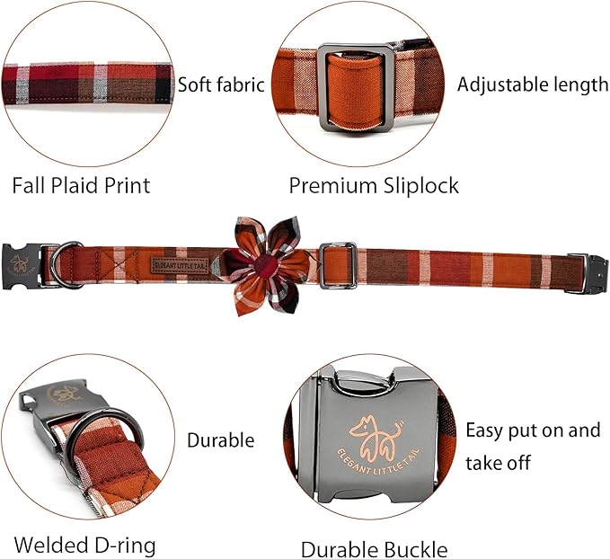 Elegant little tail Fall Dog Collar, Halloween Plaid Dog Collar with Flower Girl Boy Pet Collar Dog Flowers Soft Durable Pet Collar for X-Small Dogs