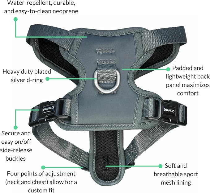 DJANGO Tahoe No Pull Dog Harness – Escape-Proof Dog Harness for Medium & Large Dogs with Front & Back Clips for Everyday Use – Adjustable, Padded, Reflective, Secure, Easy On/Off – Poppy Gray, Large