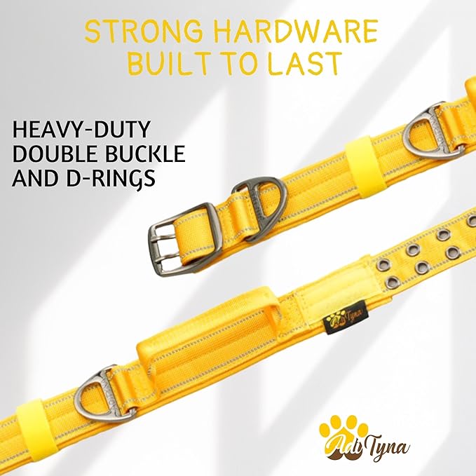 ADITYNA Heavy Duty Dog Collar for Extra-Large Dogs - Reflective Yellow Collar with Handle for Training, and Walking - Wide, Thick, Tactical, Soft Neoprene Padded