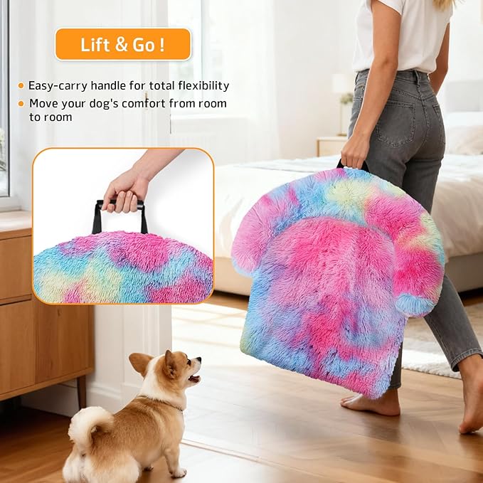 GGIB Calming Dog Bed Fluffy Plush Dog Mat for Furniture Protector with Removable Washable Cover for Large Medium Small Dogs and Cats (Large, Rainbow)