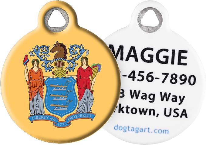 Dog Tag Art New Jersey Flag Personalized Pet ID Tag for Dogs and Cats, Silent Polymer Coated Stainless Steel New Jerseyan Nametag with Customized Identification Information - Small .875" Diameter