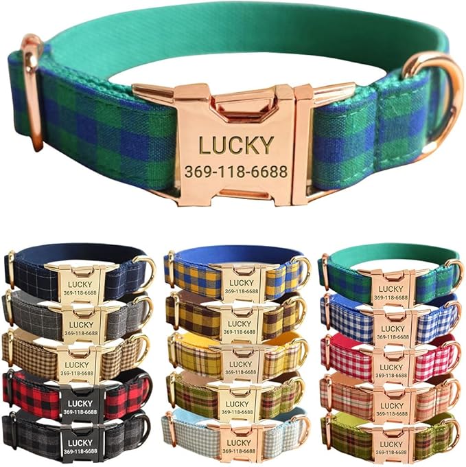 PETDURO Personalized Checkered Plaid Dog Collar Green Blue - Engraved Name and Phone Number on Gold Metal Buckle - Custom for Small Medium Large Boy Girl Dogs - Add Leash Bow Tie via Customize Now
