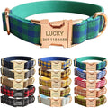 PETDURO Personalized Checkered Plaid Dog Collar Green Blue - Engraved Name and Phone Number on Gold Metal Buckle - Custom for Small Medium Large Boy Girl Dogs - Add Leash Bow Tie via Customize Now
