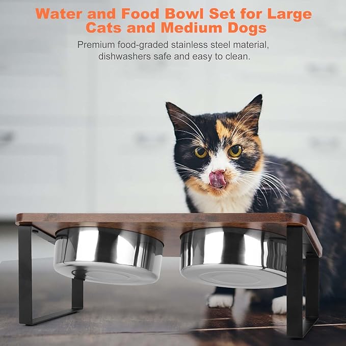 Yummy Sam 15° Tilted Raised Stainless Steel Dog Food and Water Bowl Set, Elevated Pet Bowls with Stand Double Food Feeding Dishes for Medium Dogs and Large Cats