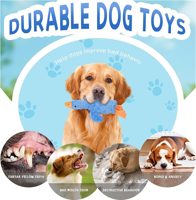 Stuffed Chew Large Dog Toys to Keep Them Busy, for Small, Medium, & Large Dogs, Squeaky Pet Toy for Boredom, Blue Goose