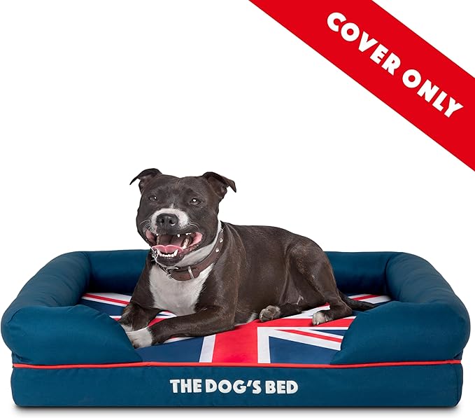 The Dog’s Bed Replacement Outer Cover, Oxford Fabric, Blue with Red Trim & UK Center Flag, Medium