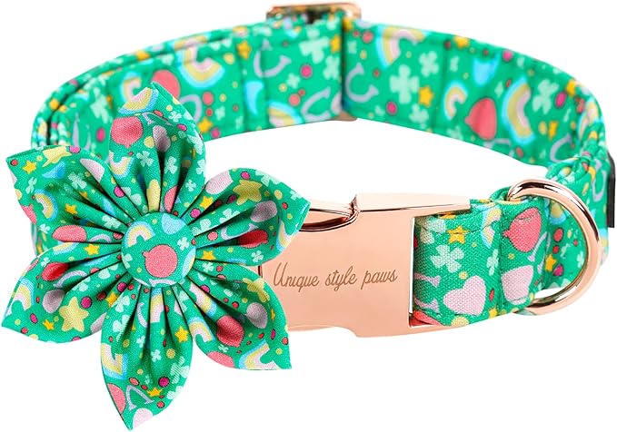 Unique style paws St. Patrick's Day Dog Collar with Flower Tie Rainbow Clover Heart Puppy Collar for Small Medium Large Boys Girls-M
