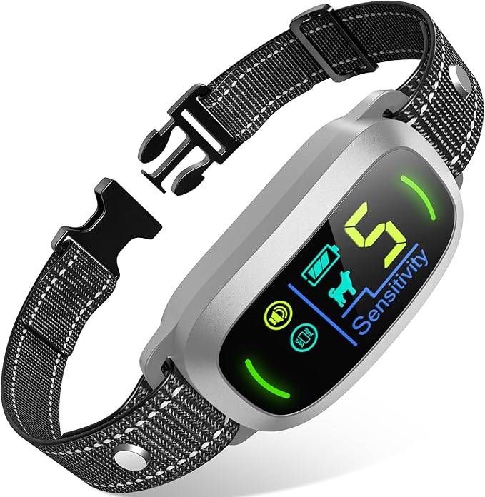 Dog Bark Collar for Large Medium Small Dogs, Rechargeable Smart Bark Collar, Anti Barking Training Collar with 5 Adjustable Sensitivity Beep Vibration (Silver)