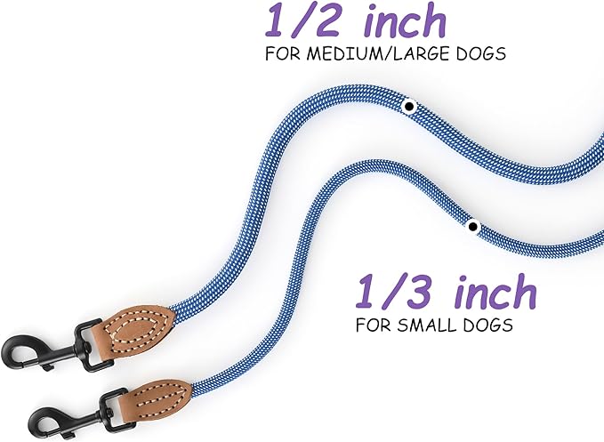 Mile High Life Small Dog Leash, Thin Rope Leash with Genuine Leather Connection and Heavy Duty Metal Clasp, Great for Small Medium Dogs(Blue White,60 Inch-1/3)