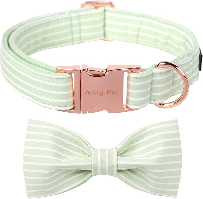 ARING PET Dog Collars with Bow, Green Stripe Adjustable Bowtie Pet Collar with Metal Buckle for Small Medium Large Boy Girl Dogs-M