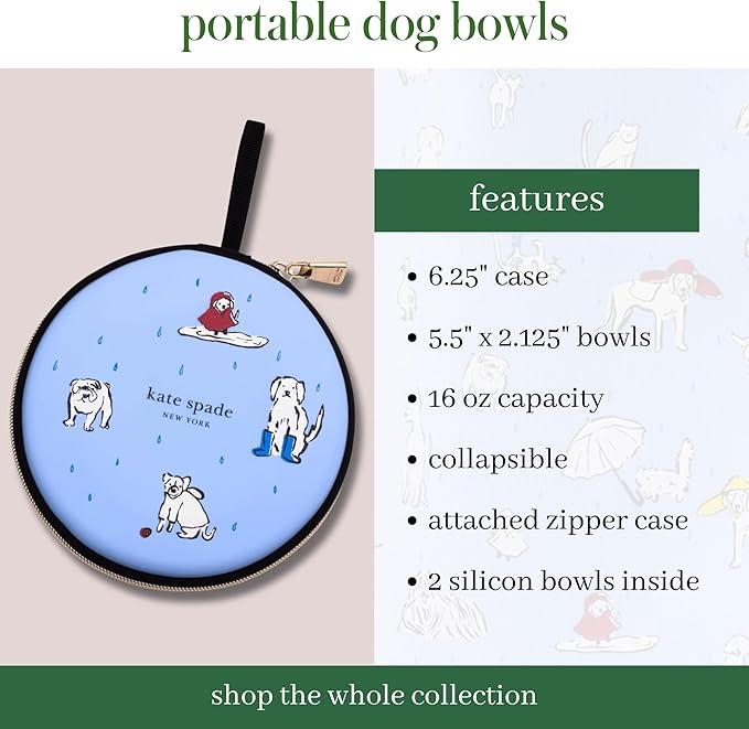 Kate Spade New York Portable Dog Bowls, Two 16oz Collapsible Bowls with Case, Raining Cats and Dogs