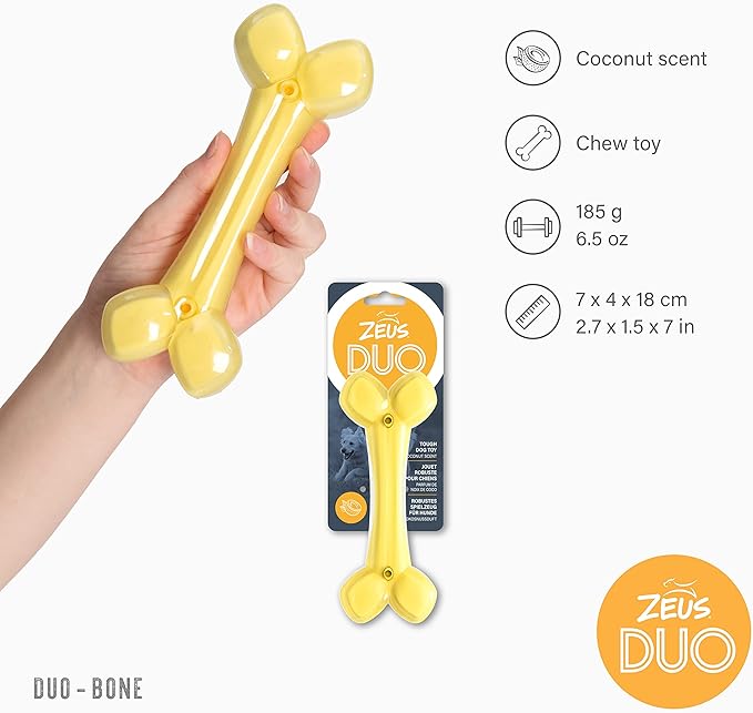 ZEUS Duo Bone Strong Dog Chew Toy for Active Chewers, Long Lasting Coconut Scent, Yellow (96273)