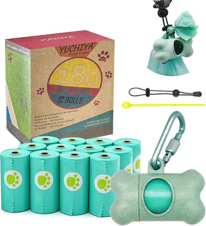 Dog Poop Pickup Bags Holder Dispenser with Standard-Sized Leak-Proof Scented Doggy Waste Bags and Carabiner with Safety Lock&Fastener Never Loose on Leash Lead Again (1 Holder 195 Bags, Blue)