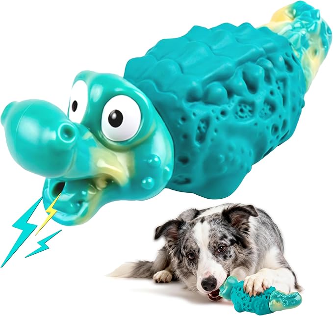FurtasticiFinds Dog Chew Toys for Aggressive Chewers, Tough Squeaky Dog Toy for Large Medium Dogs, Bacon Flavor Nylon & Natural Rubber, Dental Care Interactive Dog Toys to Reduce Boredom, Teal