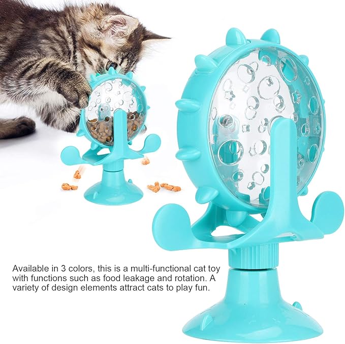 GLOGLOW Interactive Cat Treat Leaking Toy, Windmill Treat Dispensing Cat Puzzle Food Interactive Toy Kitten Puppy Slow Feeder Snacks Distribution with Powerful Suction Cup(Blue)