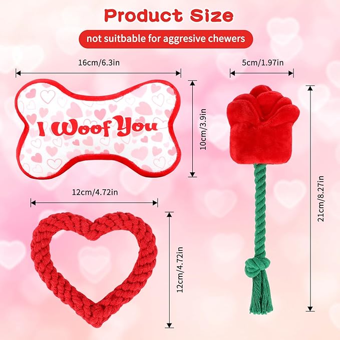 YUEPET Squeaky Valentine's Day Pet Toys 3 Piece Set,Interactive Rose Puzzle Toys, Soft Plush Heart-Shaped Rope Bone Dog Toy with Squeaker Crinkle Paper Puppy Chew Toys for Small Medium Dogs Teething