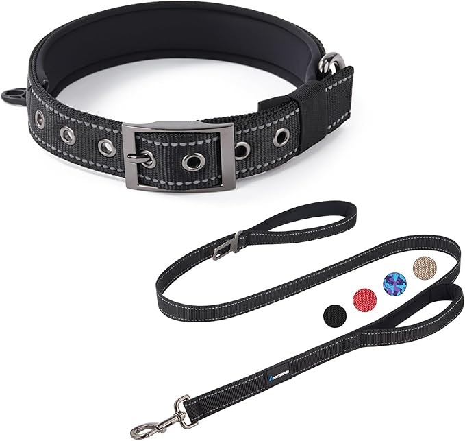 Annchwool Adjustable Dog Collar and 5 FT Leash Set with Heavy Duty Metal Buckle–Comfortable Lining Reflective Collar &Dual-Handles for Small Medium Large Dogs Walking,Running(Black Set,XL:22''-30'')