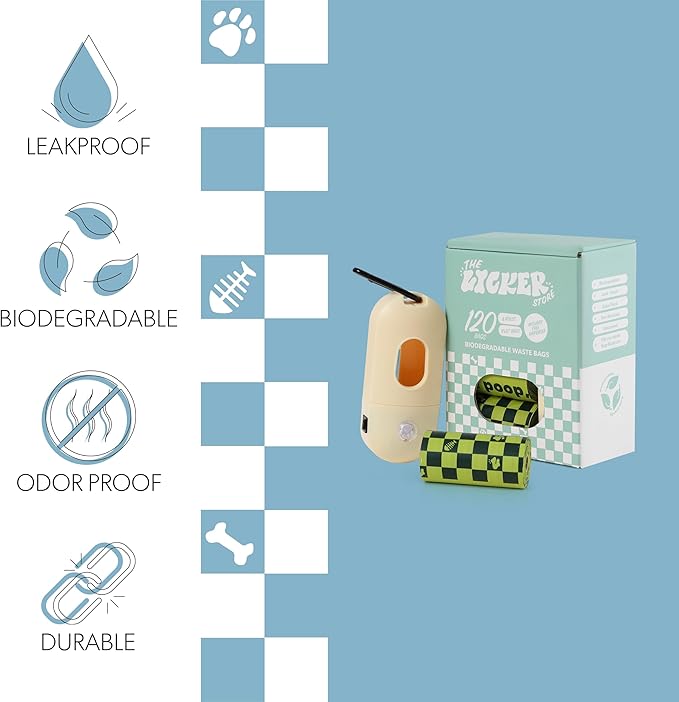 WBG1000B-H-8SET 13 in. x 9 in. Extra Thick Leak Proof Unscented Biodegradable Dog Poop Bags with LED Flashlight Dispense, Green (120 Count, 8-Rolls)