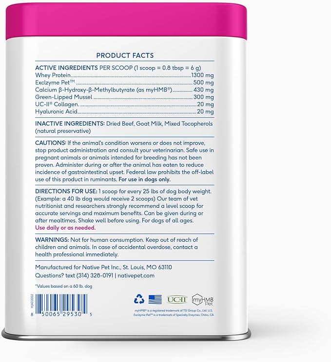 Native Pet Advanced Care - Hip & Joint Supplement for Dogs - Supports Joints, Cartilage, Muscles & Anti-Inflammatory with HMB, UC-II Collagen, Green Lipped Mussel & Hyaluronic Acid - 60 Scoops