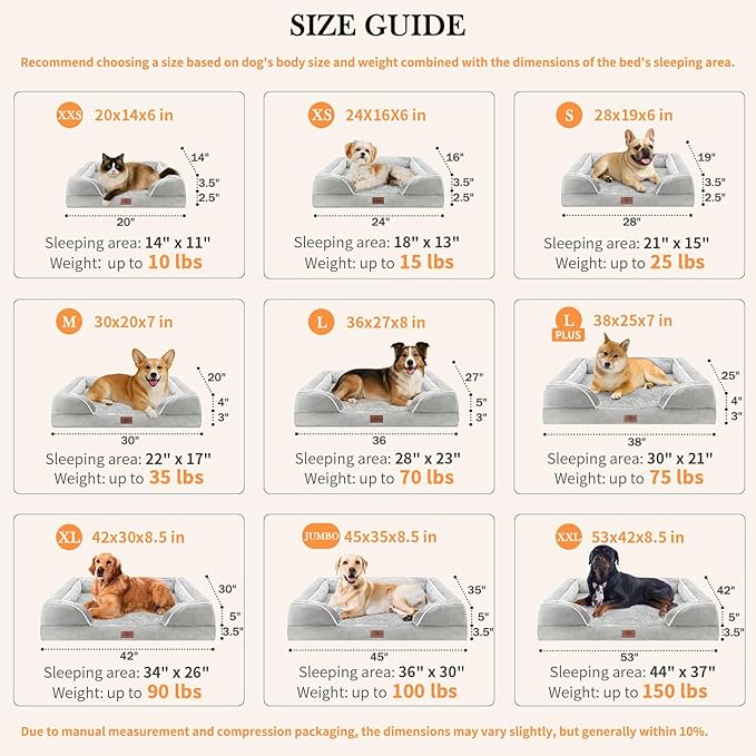 Comfort Expression Orthopedic Dog Bed for Large Dogs 38x25 Inch, Waterproof Egg Crate Foam Large Pet Bed with Removable Bolsters, Dog Couch with Washable Cover & Non-Slip Bottom, Grey White