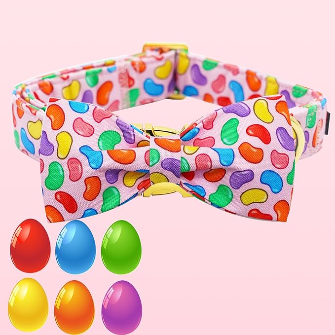 Elegant little tail Easter Dog Collar, Colorful Candy Print Dog Collar with Bow Puppy Collars Boy Pet Gift Puppy Bowtie Adjustable Pet Collars for Medium Dogs