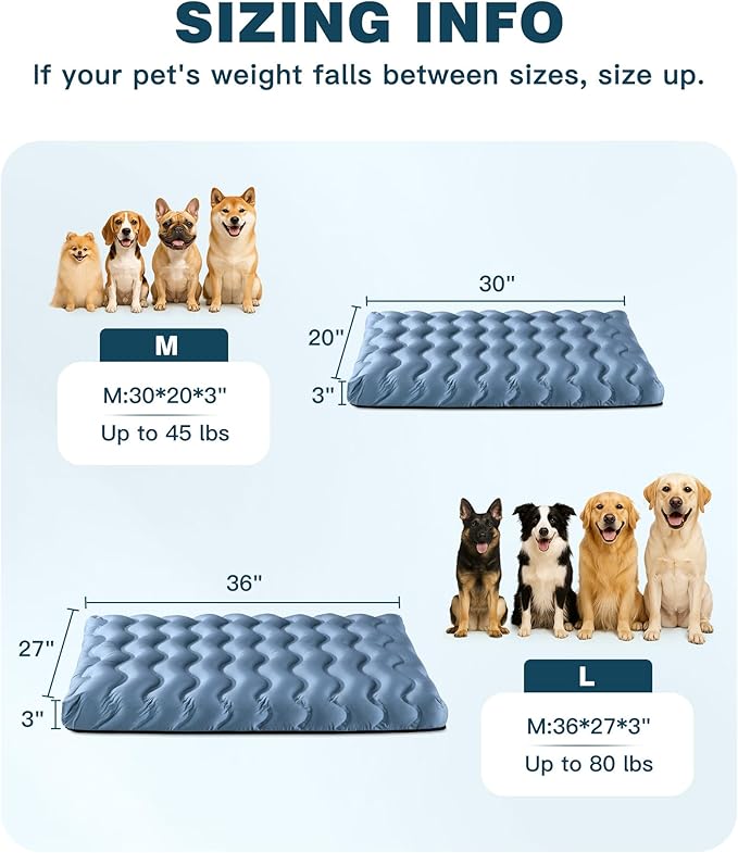 Orthopedic Dog Bed Outdoor Waterproof Dogs Crate Bed for Large Medium Small Dogs, Washable Cooling Dog Bed Mat with Removeable Cover & Memory Foam（41" x 27", Blue