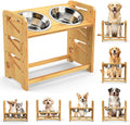 Elevated Dog Bowls, Adjustable Raised Dog Bowl Stand for Large and Medium Pet, 15" High Bamboo Pet Food Feeder with 2 Stainless Steel Dishes（6 Height）