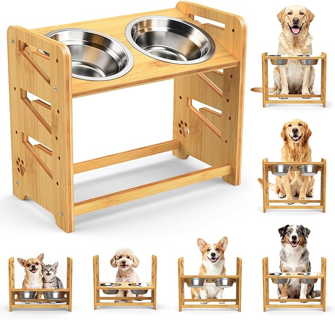 Elevated Dog Bowls, Adjustable Raised Dog Bowl Stand for Large and Medium Pet, 15" High Bamboo Pet Food Feeder with 2 Stainless Steel Dishes（6 Height）