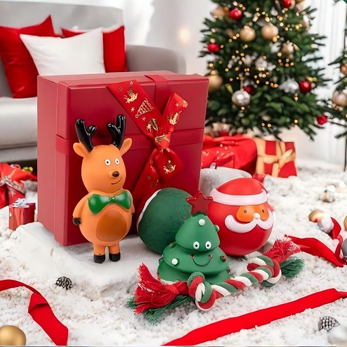 Christmas Dog Chew Toys Set Dog Gift Toy with Christmas Stocking or Xmas Gift Box Dog Toys for Aggressive Chewers Box