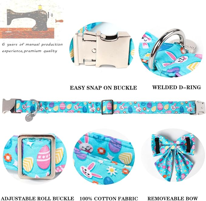 DOGWONG Cotton Easter Dog Collar with Bowtie, Soft Adjustable Blue Rabbit Easter Day Dog Collar Cute Egg Puppy Collar for Small Medium Large Dog