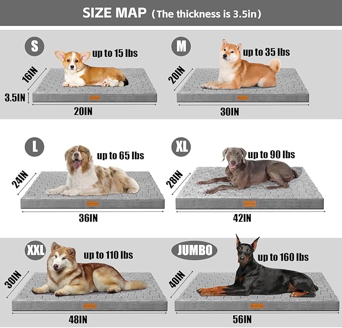 Patas Lague Orthopedic XL Dog Bed Large Sized Dog 42''X28'', Waterproof Soft Comfortable Egg Crate Foam Large Pet Beds Crate Mat with Removable Washable Cover and Nonskid Bottom, Grey