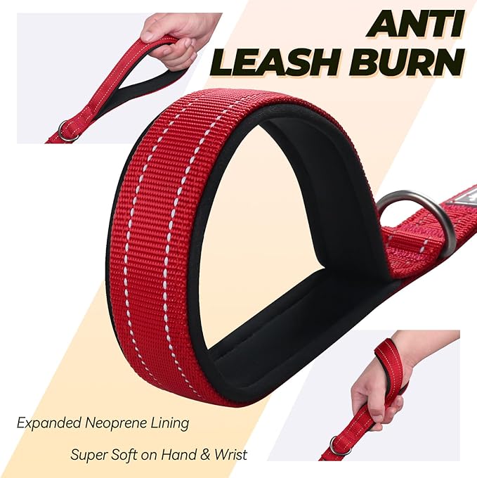 VIVAGLORY Twingrip Dog Leash, Double Handle Dog Leash for Training & Walking with Traffic Handle & 2 Loop, Traffic Control Reflective Heavy Duty for Puppy Pet, 4ft x 1in, Red
