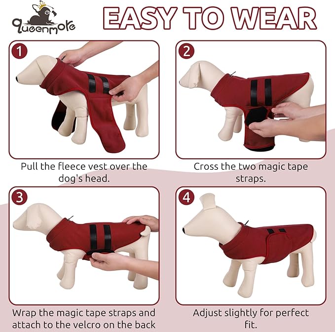 Queenmore Small Dog Sweater, Soft Fleece Vest Pullover Dog Jacket with Leash Hole, Warm Winter Dogs Clothes Cold Weather Doggy Dachshund Sweaters for Small Dogs Cats Boy or Girl (Burgundy, XS)