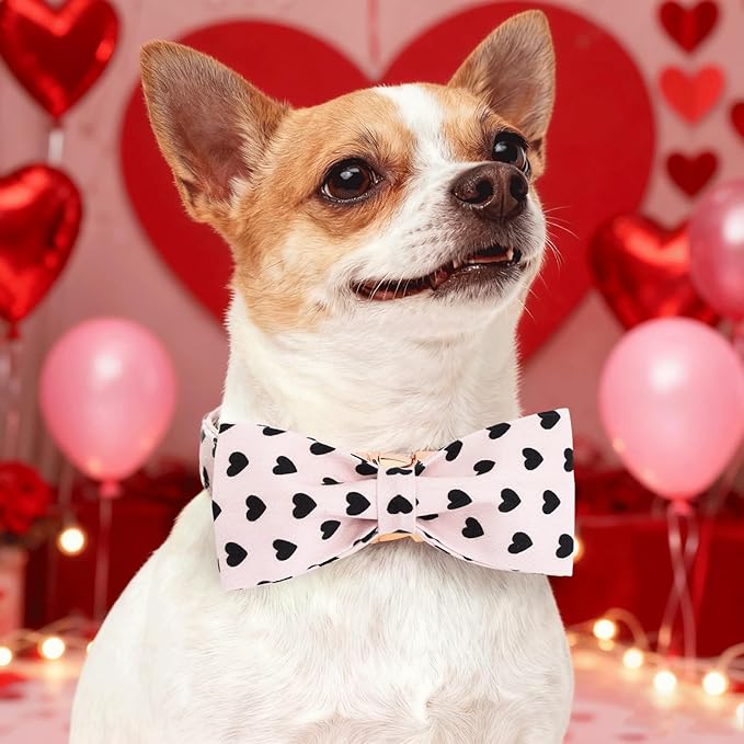 Elegant little tail Valentine's Dog Collar - Pink Black Heart Dog Collars Bowtie Pet Collars with Sturdy Metal Buckle Puppy Adjustable Collar for X-Large Dogs