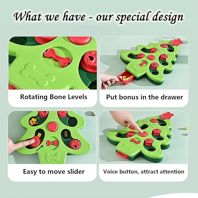 Pet Puzzle Feeder Toy – Interactive Slow Feeder Toy with Non-Slip Base, Mental Enrichment Game for Indoor Fun, Xmas-Themed Treat Dispenser (Green)