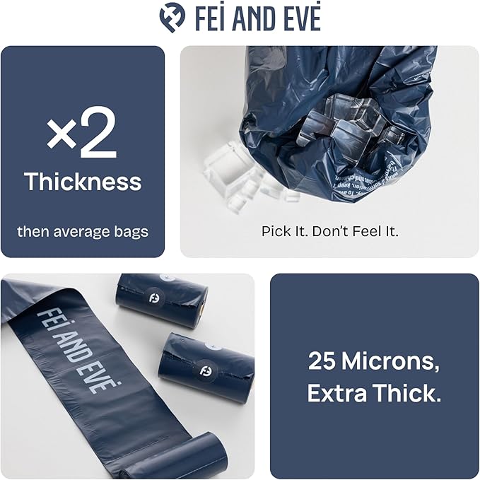 2026 New Edition, Fei & Eve Dog Poop Bags - Extra Thick 25 Micron & 100% Leak-Proof | Full Blackout & Odor-Locking | Stretch Resistant | Easy to Tear off | Waste Bags | Unscented | 8 Rolls