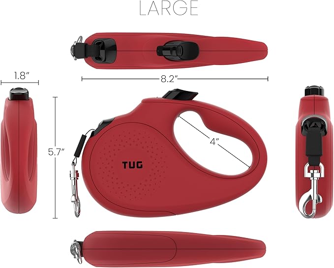 TUG Monochrome 360° Tangle-Free Retractable Dog Leash | 16 ft Strong Nylon Tape (Large, Red)