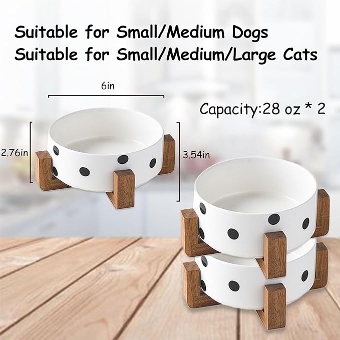 Petygooing Ceramic Dog Bowl Set with Stand,Pet Food and Water Bowl, Anti -Slip Set of 2 Pet Bowls-Dog Food Bowls- Pet Feeder Small Medium Size (28 OZ /3.6 Cups) Black Dot