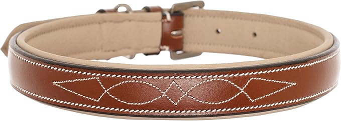 Exion Geniun Leather Dog Collar Designer Stitched Soft Leather Padded- Suitable for Small Medium Large X-Large Dogs for Walking Running- Conker with Beige Padding