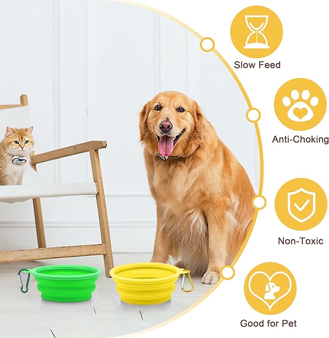Small Collapsible Dog Bowls (12oz), 1 Pack Pet Travel Foldable Bowl and Slow Feeding Frisbee with Carabiners, Healthy, Soft Silicone, Portable Essential Set for Walking, Travel, and Hiking (Yellow)