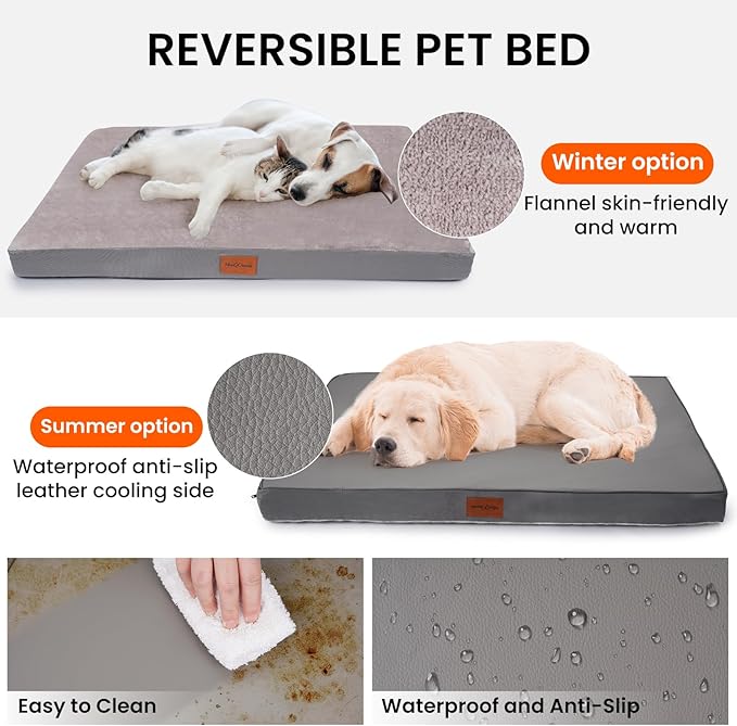 Waterproof XLarge Dog Bed for Large and Extra Large Dogs, Orthopedic Washable Crate Pad 41 inch, XL Egg Crate Foam Pet Bed Mat with Removable Cover, Anti-Slip Reversible Kennel Pad, 41''×27'', Grey
