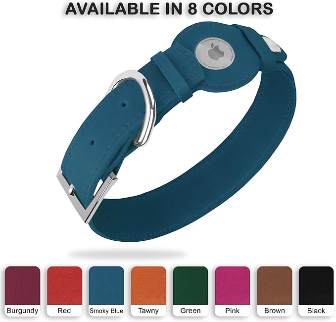 Leather Dog Collar with Airtag Holder - Apple Air Tag Dog Collars - Soft Tracking GPS Pet Collar for Small Medium Large Dogs Breed Puppy (Smoky Blue, M, 12"-15" Neck Fit)