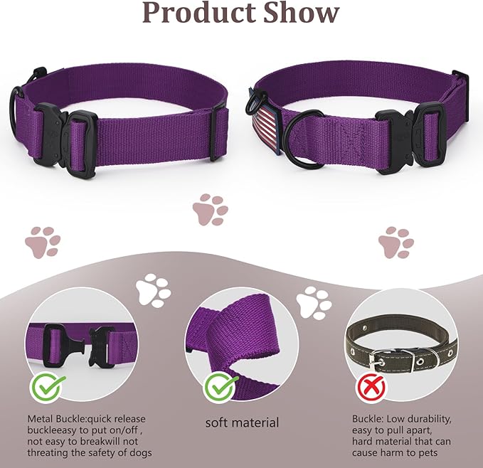 Heavy Duty Tactical Dog Collar Adjustable Nylon Pet Collars Quick Release Buckle with 2 D-Rings Patch for Medium, Large Dogs (Purple, Size M)