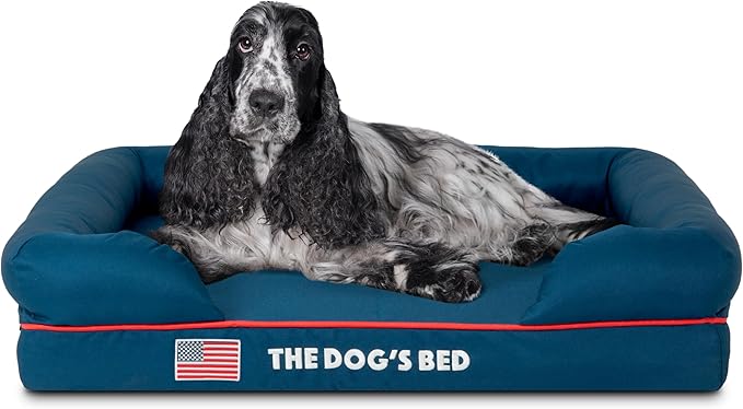 The Dog’s Bed Orthopedic Memory Foam Dog Bed with Bolsters, Oxford Fabric, Blue with Dark Red Trim, Medium