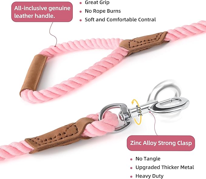 Mile High Life Dog Leash, Braided Cotton Rope Leashes with Leather Handle - Heavy Duty Metal Clasp, 4FT, 1/2" Thick - Wedding, Walking & Training Leash for Small Medium Large Dogs (Pink)