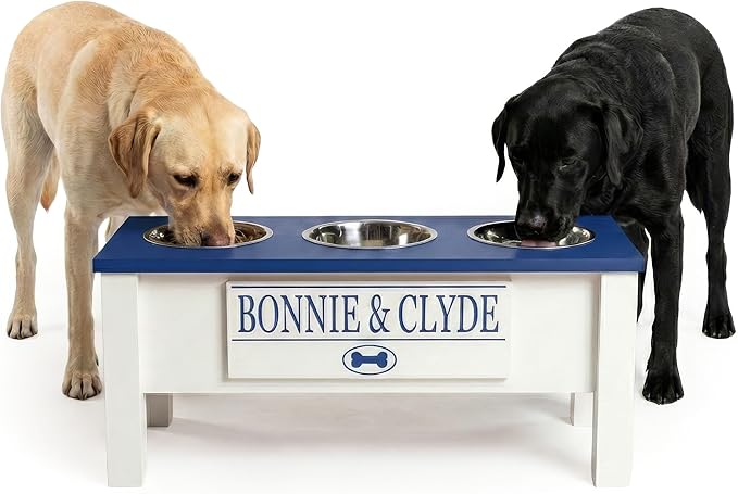 GTW Personalized Elevated Triple Dog Bowl Stand for Large, Medium, Small, X-Small Dogs - 3 Stainless Steel Food and Water Bowls - Raised Dog Dish with Internal Storage (Large, Blue)