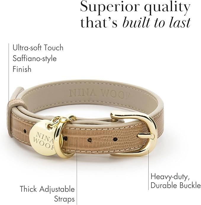 NINA WOOF Milan Vegan Leather Dog Collar - Luxury Cute Dog Collar with Adjustable Buckle - Soft Padded Collar, Round Leather Dog Collar for Extra Small, Small, Medium, and Large Dogs - Beige, XS