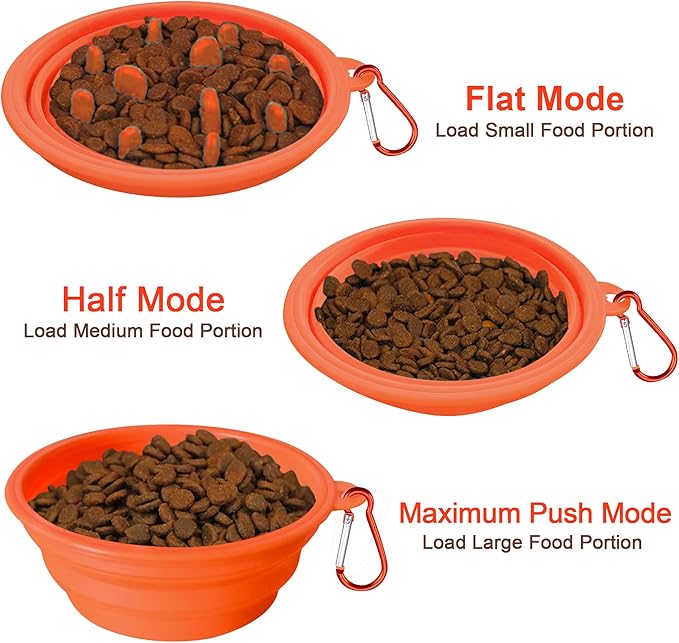 Large Collapsible Dog Bowls (34oz), 1 Pack Pet Travel Foldable Bowl and Slow Feeding Frisbee with Carabiners, Healthy, Soft Silicone, Portable Essential Set for Walking, Travel, and Hiking (Orange)